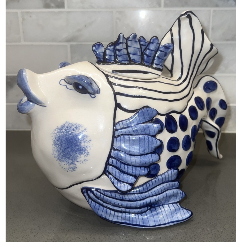 Blue Sky Clayworks 13049 Delft Fish Figurine 10-inch Length New Coastal Decor